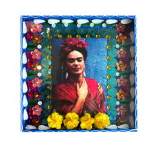 Load image into Gallery viewer, Handmade Jumbo Framed Frida Wall Art Piece Art & Decor Mexico Blue Wood Box - Hand on Neck