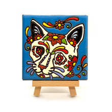 Load image into Gallery viewer, Mexican Handmade Clay Tile and Stand - Calavera Cat Tile Mexico Blue