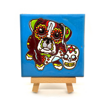 Load image into Gallery viewer, Mexican Handmade Clay Tile and Stand - Puppy Con Calavera Tile Mexico Blue