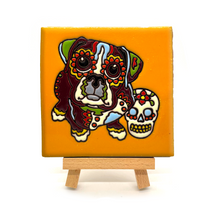 Load image into Gallery viewer, Mexican Handmade Clay Tile and Stand - Puppy Con Calavera Tile Mexico Orange