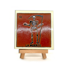Load image into Gallery viewer, Mexican Handmade Clay Square Tile and Stand - Loteria Tile Mexico No. 14. - La Muerte