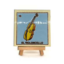 Load image into Gallery viewer, Mexican Handmade Clay Square Tile and Stand - Loteria Tile Mexico No. 18 - Viloncello