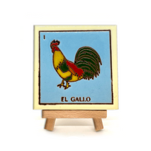 Load image into Gallery viewer, Mexican Handmade Clay Square Tile and Stand - Loteria Tile Mexico No. 1 - El Gallo