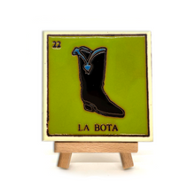 Load image into Gallery viewer, Mexican Handmade Clay Square Tile and Stand - Loteria Tile Mexico No. 22 - La Bota