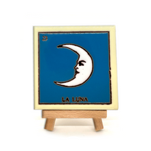 Load image into Gallery viewer, Mexican Handmade Clay Square Tile and Stand - Loteria Tile Mexico No. 23 - La Luna
