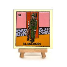 Load image into Gallery viewer, Mexican Handmade Clay Square Tile and Stand - Loteria Tile Mexico No. 34 - El Soldado