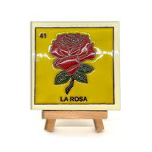 Load image into Gallery viewer, Handmade Clay Square Tile and Stand - Loteria Tile Mexico No. 41 - La Rosa