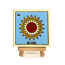 Load image into Gallery viewer, Handmade Clay Square Tile and Stand - Loteria Tile Mexico No. 46 - El Sol