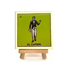 Load image into Gallery viewer, Mexican Handmade Clay Square Tile and Stand - Loteria Tile Mexico No. 4 - El Catrin