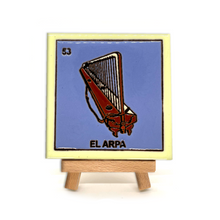 Load image into Gallery viewer, Handmade Clay Square Tile and Stand - Loteria Tile Mexico No. 53 - La Arpa