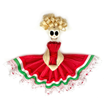 Load image into Gallery viewer, Handmade Mexican Folklorico Corn Husk Catrina Magnets : Hijas de Jalisco Series Art & Decor Mexico Bailes Regionales - Red Dress