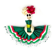 Load image into Gallery viewer, Handmade Mexican Folklorico Corn Husk Catrina Magnets : Hijas de Jalisco Series Art & Decor Mexico Bailes Regionales - Green Dress