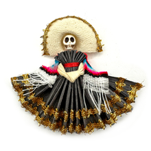 Load image into Gallery viewer, Handmade Mexican Folklorico Corn Husk Catrina Magnets : Hijas de Jalisco Series Art & Decor Mexico Hijas Clásica - Black Dress