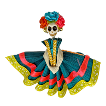 Load image into Gallery viewer, Handmade Mexican Folklorico Corn Husk Catrina Magnets : Hijas de Jalisco Series Art & Decor Mexico Guadalajara - Teal Dress