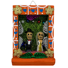 Load image into Gallery viewer, Handmade Shadow Box Nicho - Novio y Novia (Los Novios) Shadow Boxes Mexico CC Orange Wood Box
