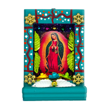 Load image into Gallery viewer, Handmade Shadow Box Nicho - Virgen de Guadalupe Shadow Boxes Mexico CC Teal Wood Box- Full Body