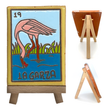 Load image into Gallery viewer, Mexican Handmade Clay Loteria Tile and Stand Tile Mexico No. 19 "La Garza"