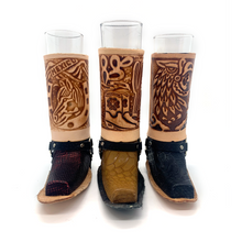 Load image into Gallery viewer, Handmade Mexican Leather Mini-Boot Shot Glass Gift Set (3-Pack) Bar Goods Mexico