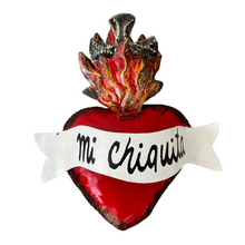 Load image into Gallery viewer, Handmade Frida 3D Tin Hearts Tin Milagro Hearts Mexico Mi Chiquita - Flame/Cross
