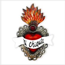 Load image into Gallery viewer, Handmade Frida 3D Tin Hearts Tin Milagro Hearts Mexico Mi Chiquita - Flame/Ruby