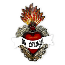 Load image into Gallery viewer, Handmade Frida 3D Tin Hearts Tin Milagro Hearts Mexico Mi Corazon - Flame/Ruby
