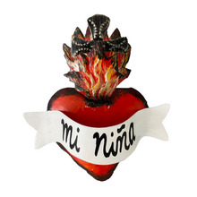 Load image into Gallery viewer, Handmade Frida 3D Tin Hearts Tin Milagro Hearts Mexico Mi Corazon - Flame/ Cross