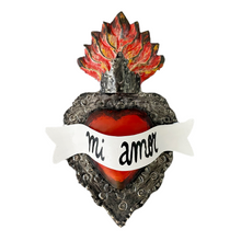 Load image into Gallery viewer, Handmade Frida 3D Tin Hearts Tin Milagro Hearts Mexico Mi Amor Flame/Crown