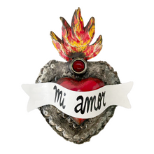 Load image into Gallery viewer, Handmade Frida 3D Tin Hearts Tin Milagro Hearts Mexico Mi Amor - Flame/Ruby