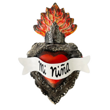 Load image into Gallery viewer, Handmade Frida 3D Tin Hearts Tin Milagro Hearts Mexico Mi Niña - Flame/Crown