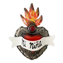 Load image into Gallery viewer, Handmade Frida 3D Tin Hearts Tin Milagro Hearts Mexico Mi Niña - Flame/Ruby