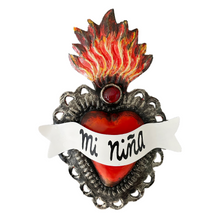 Load image into Gallery viewer, Handmade Frida 3D Tin Hearts Tin Milagro Hearts Mexico Mi Niña - Flare/Ruby Ribs