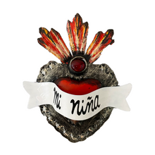 Load image into Gallery viewer, Handmade Frida 3D Tin Hearts Tin Milagro Hearts Mexico Mi Niña - Flare/Ruby
