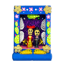 Load image into Gallery viewer, Handmade Shadow Box Nicho - Catrina y Catrin Shadow Boxes Mexico CC Blue Wood Box