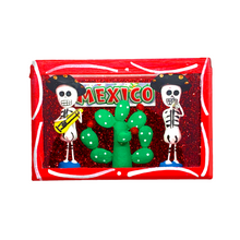 Load image into Gallery viewer, Handmade Window Shadow Box Nicho -  Mexican Nopal Calacas (Skeletons) Shadow Boxes Mexico CC Red Wood Box