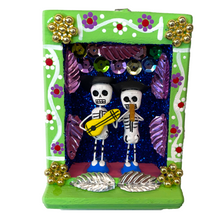 Load image into Gallery viewer, Handmade Shadow Box Nicho - Calaca Musicos (Skeletons) Shadow Boxes Mexico CC Green Wood Box