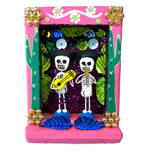 Load image into Gallery viewer, Handmade Shadow Box Nicho - Calaca Musicos (Skeletons) Shadow Boxes Mexico CC Pink Wood Box