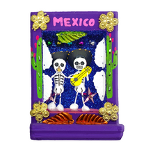 Load image into Gallery viewer, Handmade Shadow Box Nicho - Calaca Musicos (Skeletons) Shadow Boxes Mexico CC Purple Wood Box
