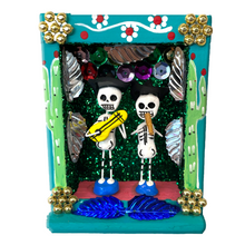 Load image into Gallery viewer, Handmade Shadow Box Nicho - Calaca Musicos (Skeletons) Shadow Boxes Mexico CC Teal Wood Box