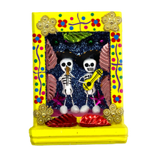 Load image into Gallery viewer, Handmade Shadow Box Nicho - Calaca Musicos (Skeletons) Shadow Boxes Mexico CC Yellow Wood Box