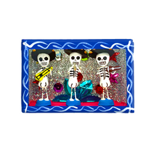 Load image into Gallery viewer, Handmade Window Shadow Box Nicho -  Mexican Calaca (Tres Musicos) Shadow Boxes Mexico CC Blue Wood Box