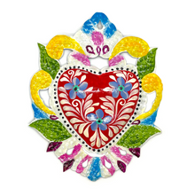 Load image into Gallery viewer, Handmade Tin Mexican Milagro Hearts - Enchanted Floral Tin Milagro Hearts Mexico Red