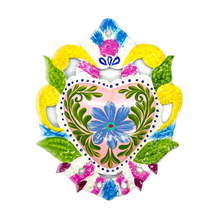 Load image into Gallery viewer, Handmade Tin Mexican Milagro Hearts - Enchanted Floral Tin Milagro Hearts Mexico Salmon