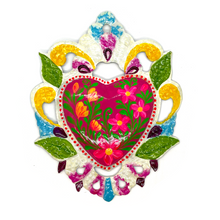 Load image into Gallery viewer, Handmade Tin Mexican Milagro Hearts - Enchanted Floral Tin Milagro Hearts Mexico Magenta