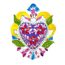 Load image into Gallery viewer, Handmade Tin Mexican Milagro Hearts - Enchanted Floral Tin Milagro Hearts Mexico Purple
