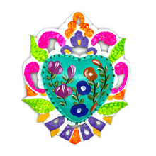 Load image into Gallery viewer, Handmade Tin Mexican Milagro Hearts - Enchanted Floral Tin Milagro Hearts Mexico Turquoise