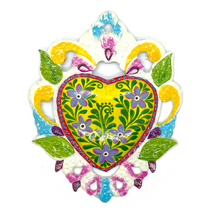 Load image into Gallery viewer, Handmade Tin Mexican Milagro Hearts - Enchanted Floral Tin Milagro Hearts Mexico Yellow