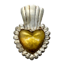 Load image into Gallery viewer, Handmade Tin Mexican Milagro Hearts - Spike Crown - Oro y Plata Tin Milagro Hearts Mexico Silver Crown / Gold Heart