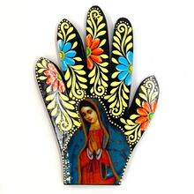 Load image into Gallery viewer, Handmade Mexican Wood Milagro Hands - Virgen de Guadalupe Art & Decor Muertolandia.com