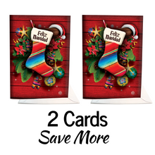 Load image into Gallery viewer, Musical Greeting Card - Feliz Navidad - Serape Stocking Greeting Cards Muertolandia.com 2 Cards (Save More)
