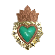 Load image into Gallery viewer, Handmade Tin Mexican Milagro Hearts - Rayos de Fe Tin Milagro Hearts Mexico MH Turquoise/Gold